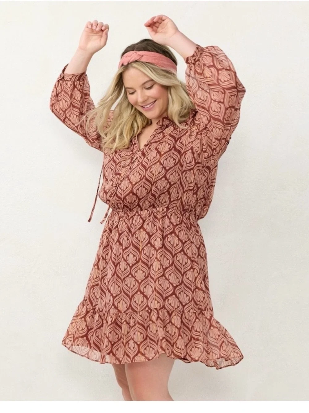 Boho Floral Print Ruffle‎ Tier Skirt Sheer Long Sleeve Dress. Size large.